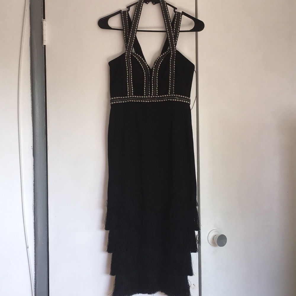Strappy Black Dress w fur train
